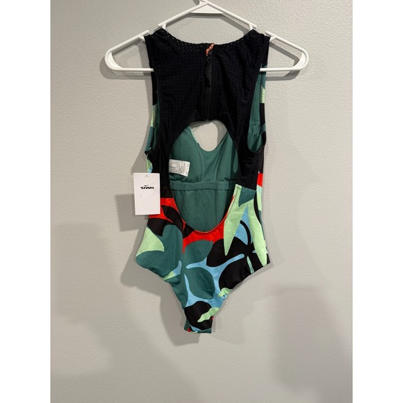 Nike Swimsuit Womens Small Black Green Swoosh Logo Keyhole Zipper Back One-Piece - Picture 2 of 9